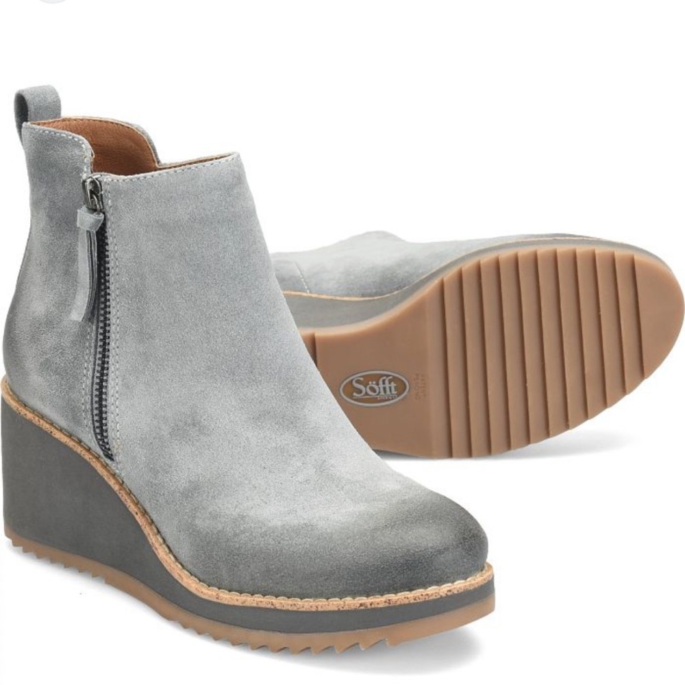 NEW $160 SOFFT x Zappos Emelee Grey platform wedge ankle booties women size 6